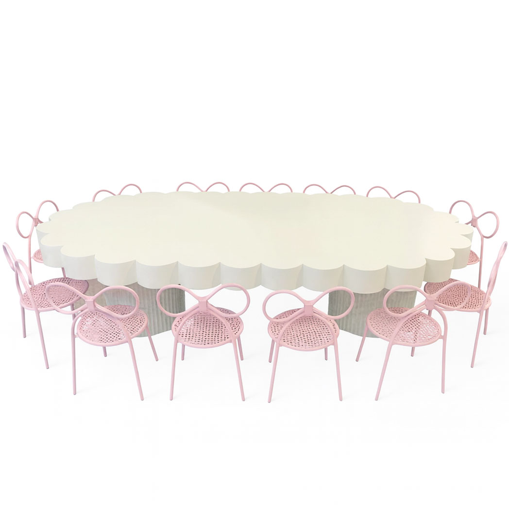Large white cloud-shaped kids table with scallop edges seating up to 10 children