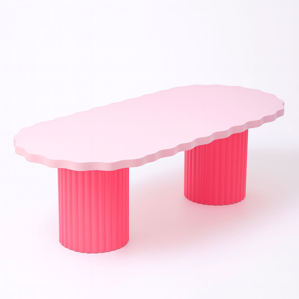 Pastel pink cloud-shaped kids party table with scallop edge and cylindrical ribbed legs