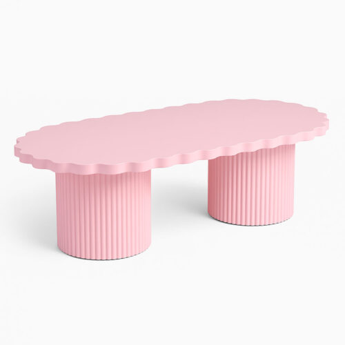 Pastel pink cloud-shaped kids party table with scallop edge and ribbed legs