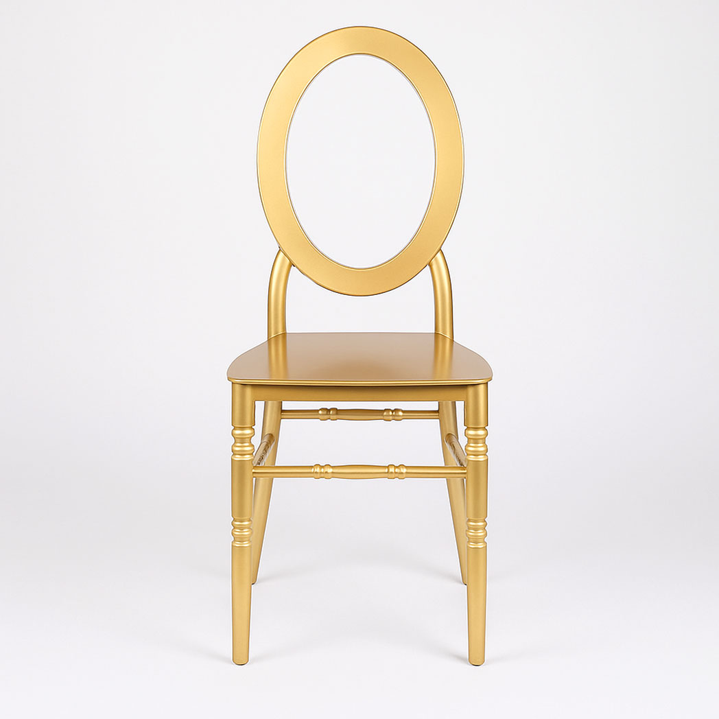 Front view of a luxury gold oval back resin banquet chair with hollow ring back design for weddings and events