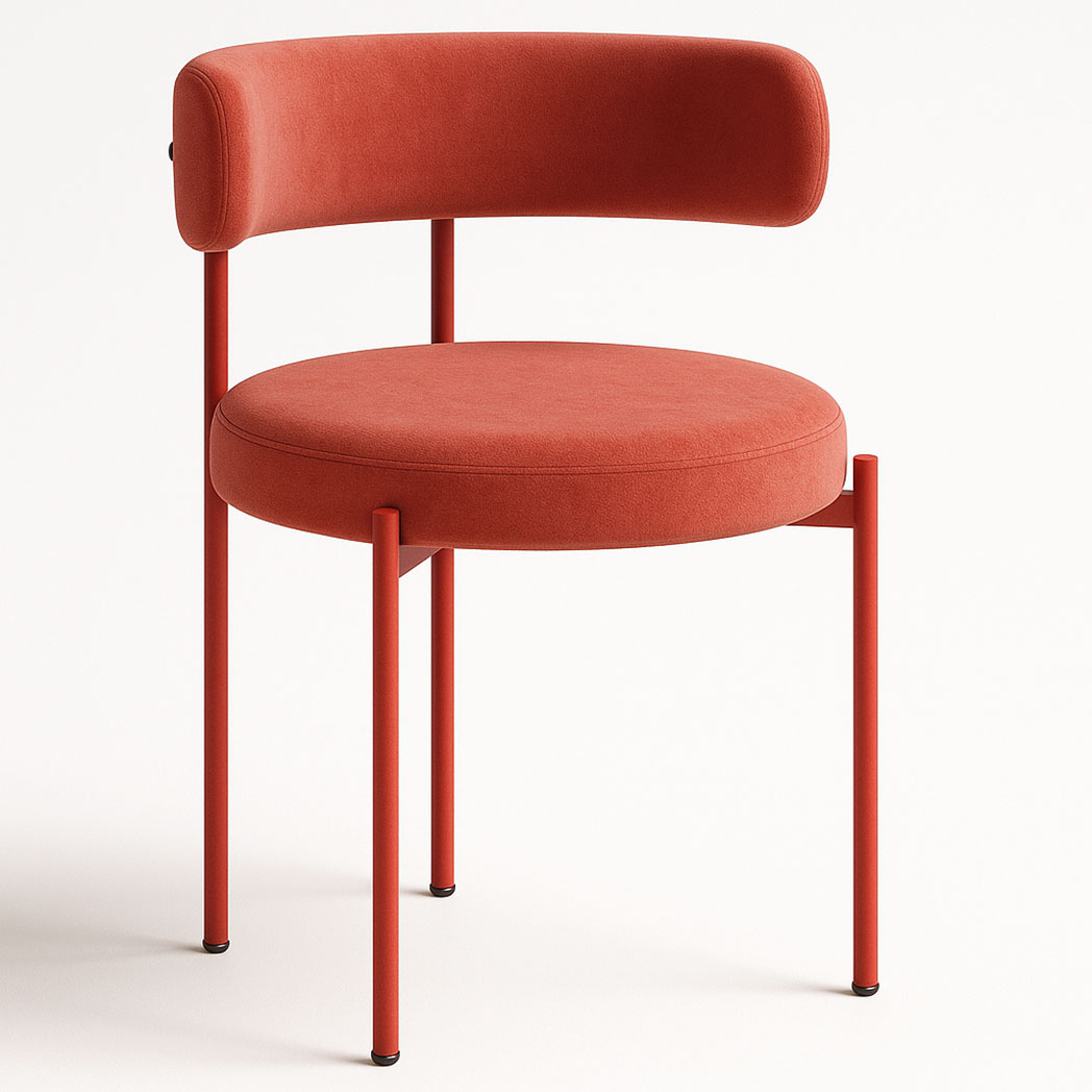Aurora pastel red velvet dining chair with cushioned round seat and curved backrest on metal frame