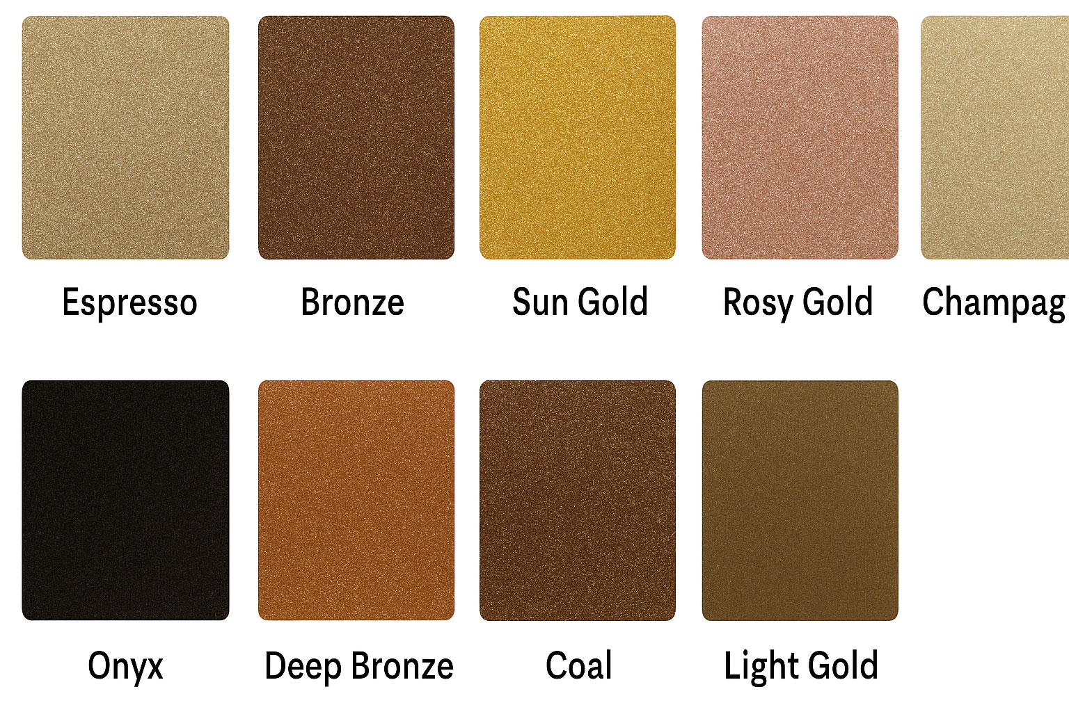 Metallic powder coating color swatches for event furniture in deep tones such as Shimmer Bronze, Matte Black, Copper Red, and Antique Gold, used for hotel and banquet chairs.