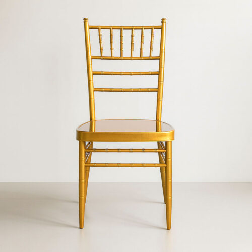 Front view of metallic rose gold steel Chiavari chair with bamboo-style frame.