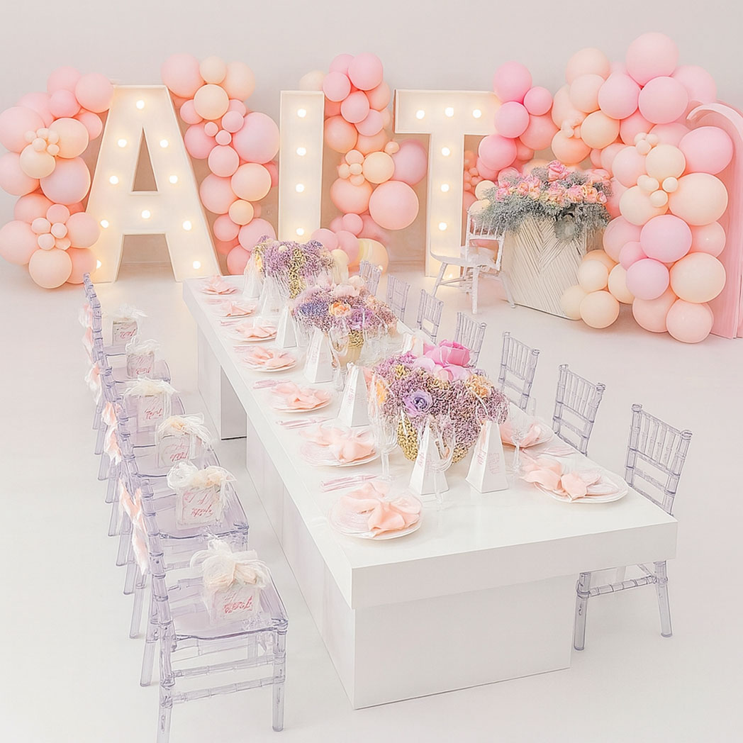 Modern white acrylic kids dining table styled with pastel pink decorations, flower centerpieces, and transparent chairs for an elegant children’s event