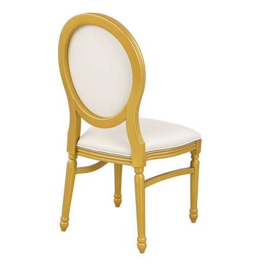 Resin Louis-style oval back dining chair with gold frame and white upholstered seat, shown from a side-back angle highlighting the curved frame design