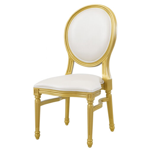Resin Louis-style oval back dining chair with gold frame and white upholstered seat, right-side view showing elegant curved frame