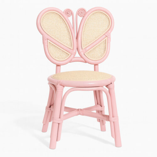Butterfly Back Kids Rattan Chair front view – pink rattan stackable kids chair with natural woven seat for playroom or nursery use