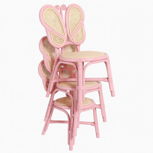 Butterfly Back Kids Rattan Chair – pink rattan stackable kids chair with natural woven seat for playroom or event use