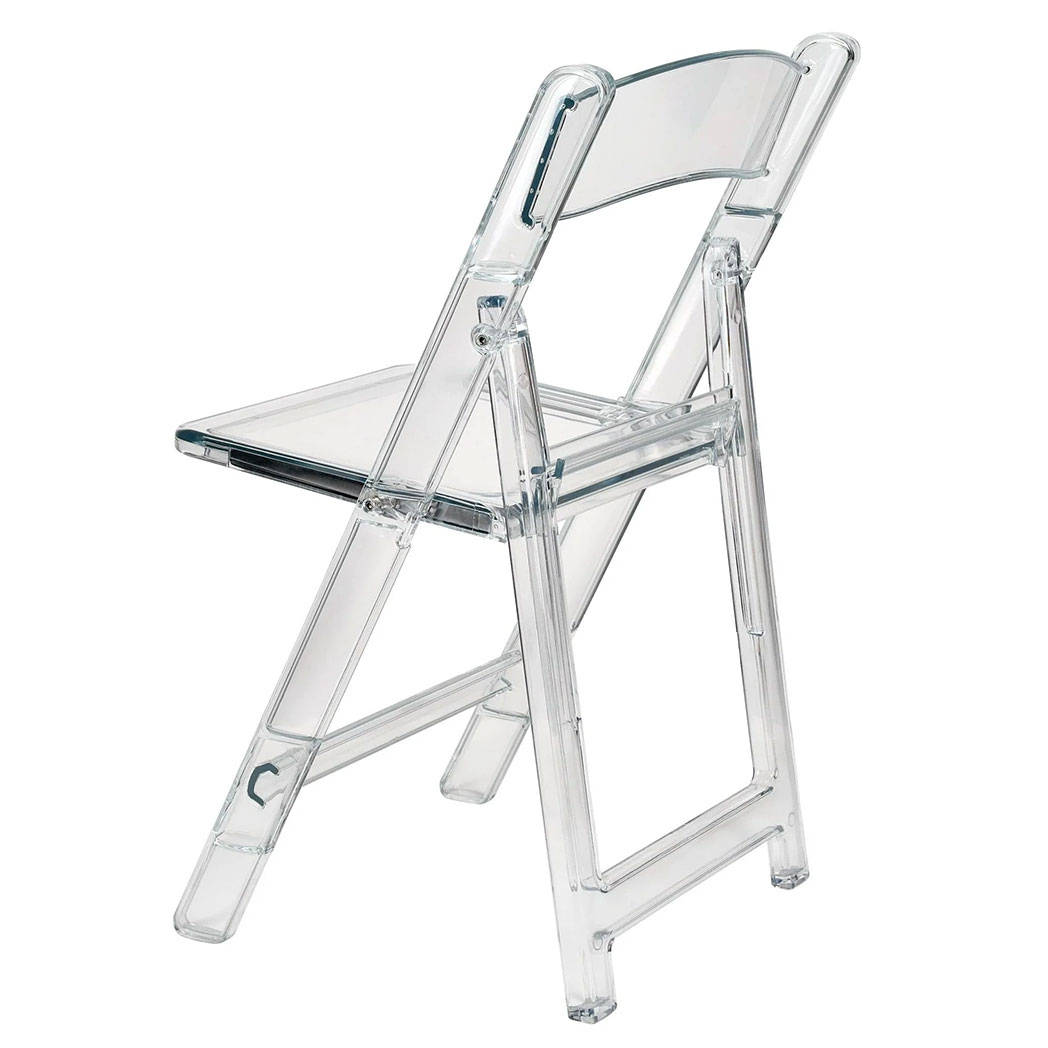 Back-left angled view of transparent resin folding chair, showing backrest curve and leg structure