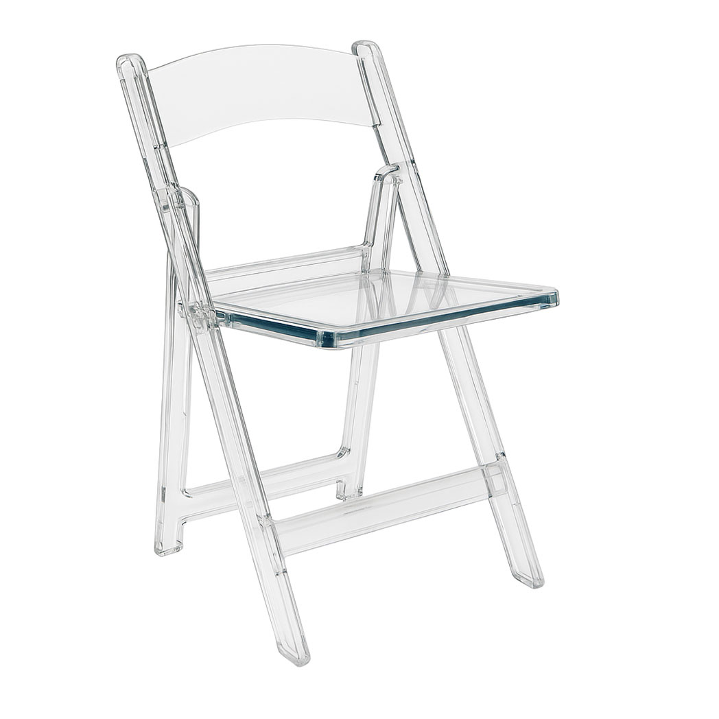 Transparent clear acrylic folding chair with resin seat and backrest for weddings and event rentals, shown on white background