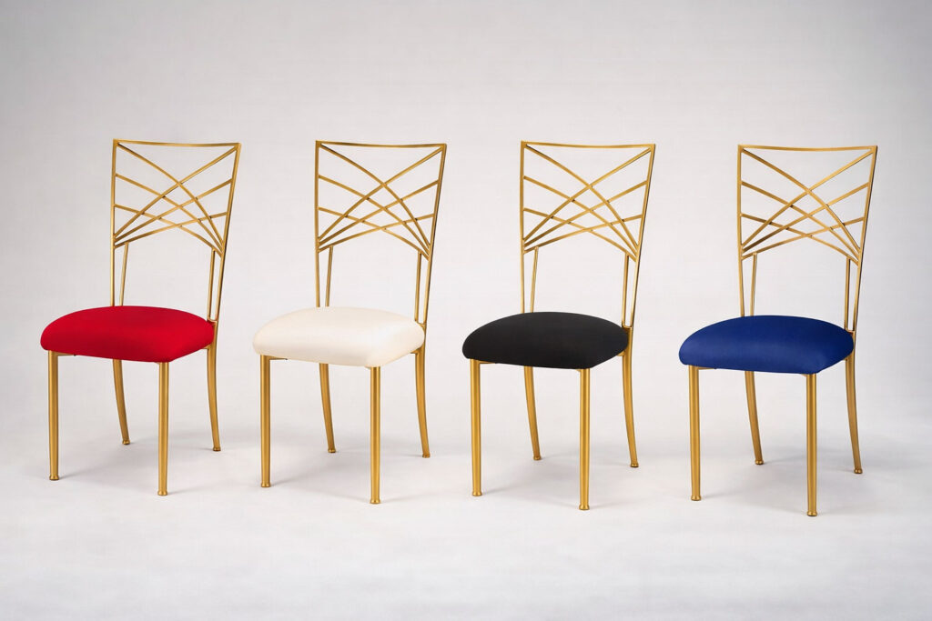 Chameleon gold banquet chair shown with multiple removable cushion colors including red, ivory, black, and blue