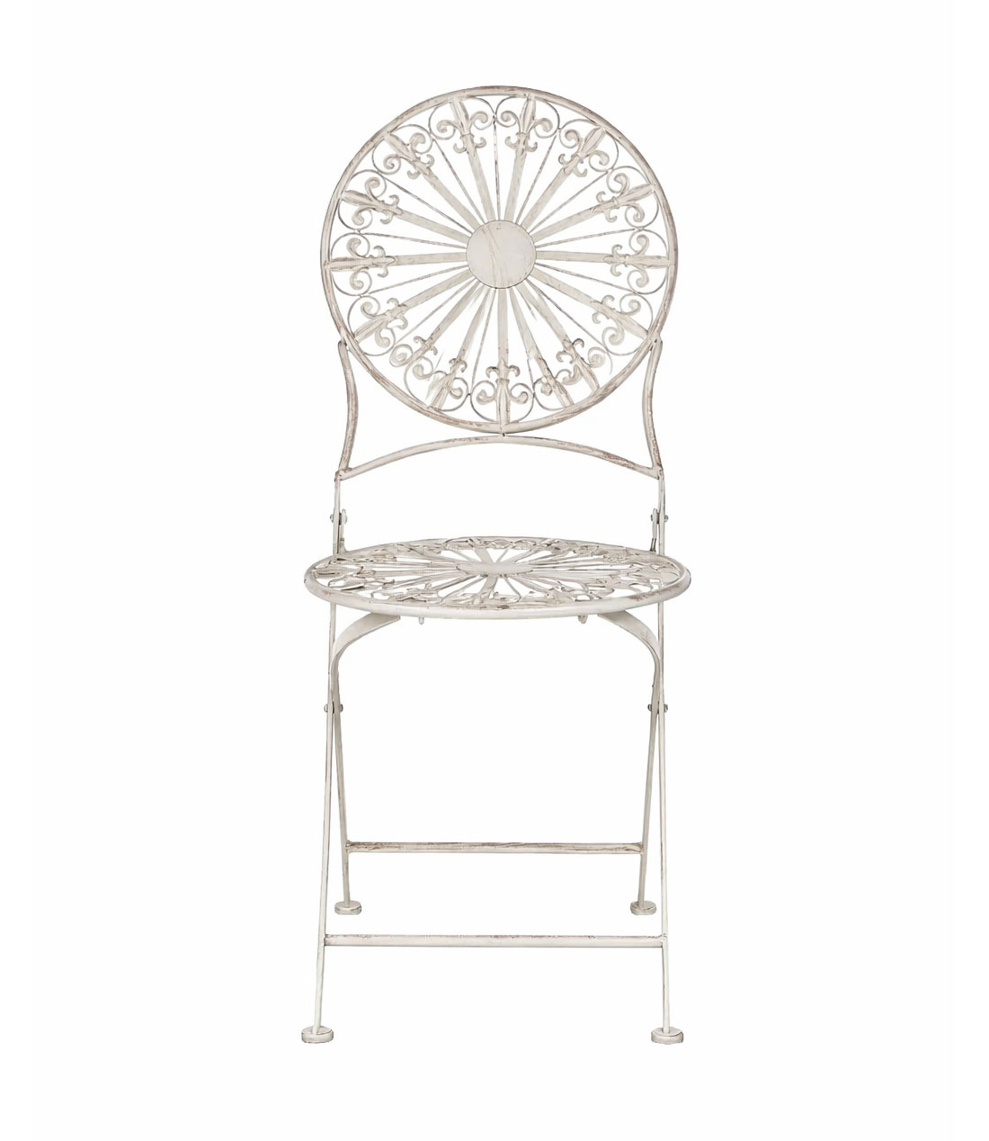 Barcelona distressed round back folding chair front view with round iron seat and vintage finish