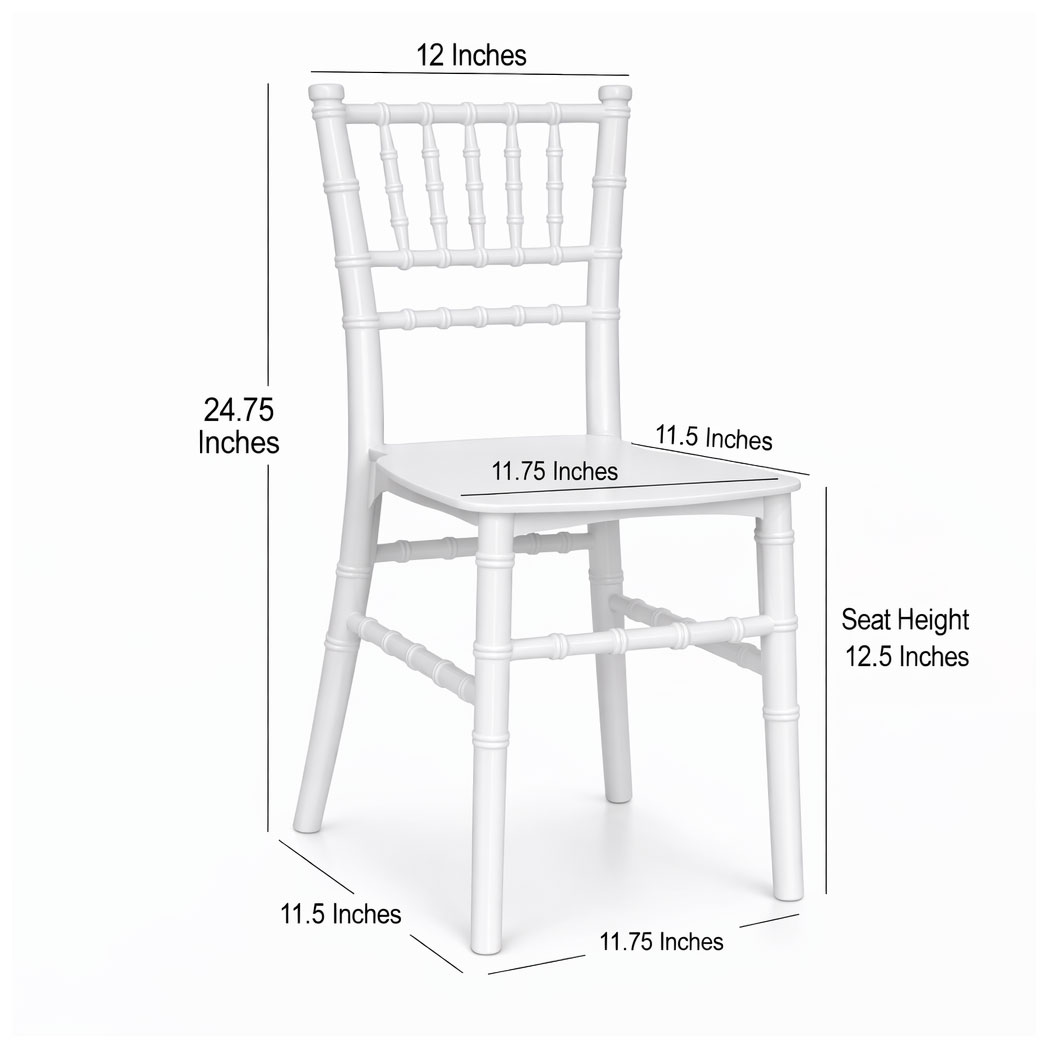 kids stackable chiavari chair dimensions showing 12 inch seat width and 12.5 inch seat height for children seating