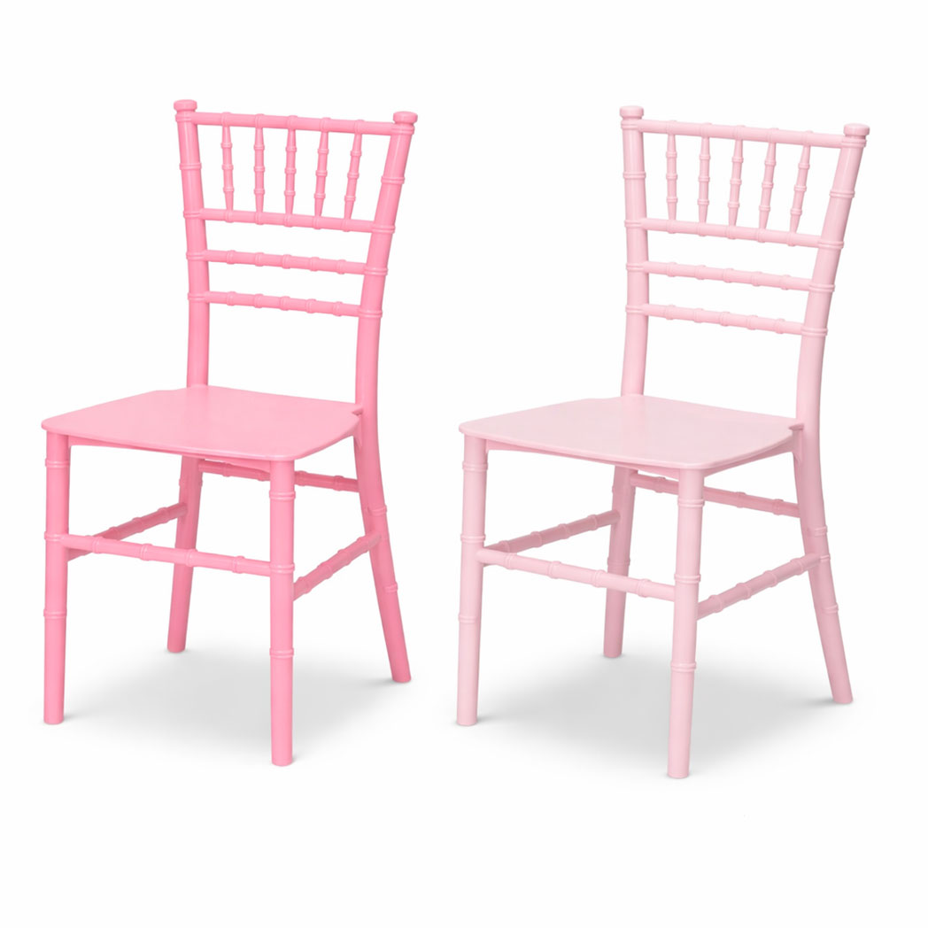 Stackable kids Chiavari chair in normal pink and pastel pink color comparison for party and wedding seating