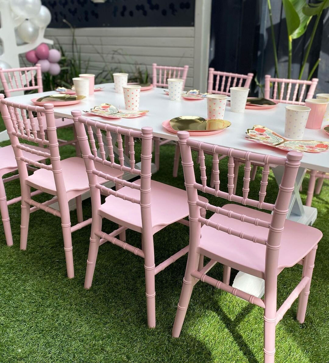 pink kids chiavari chairs used for children's party and wedding event seating setup