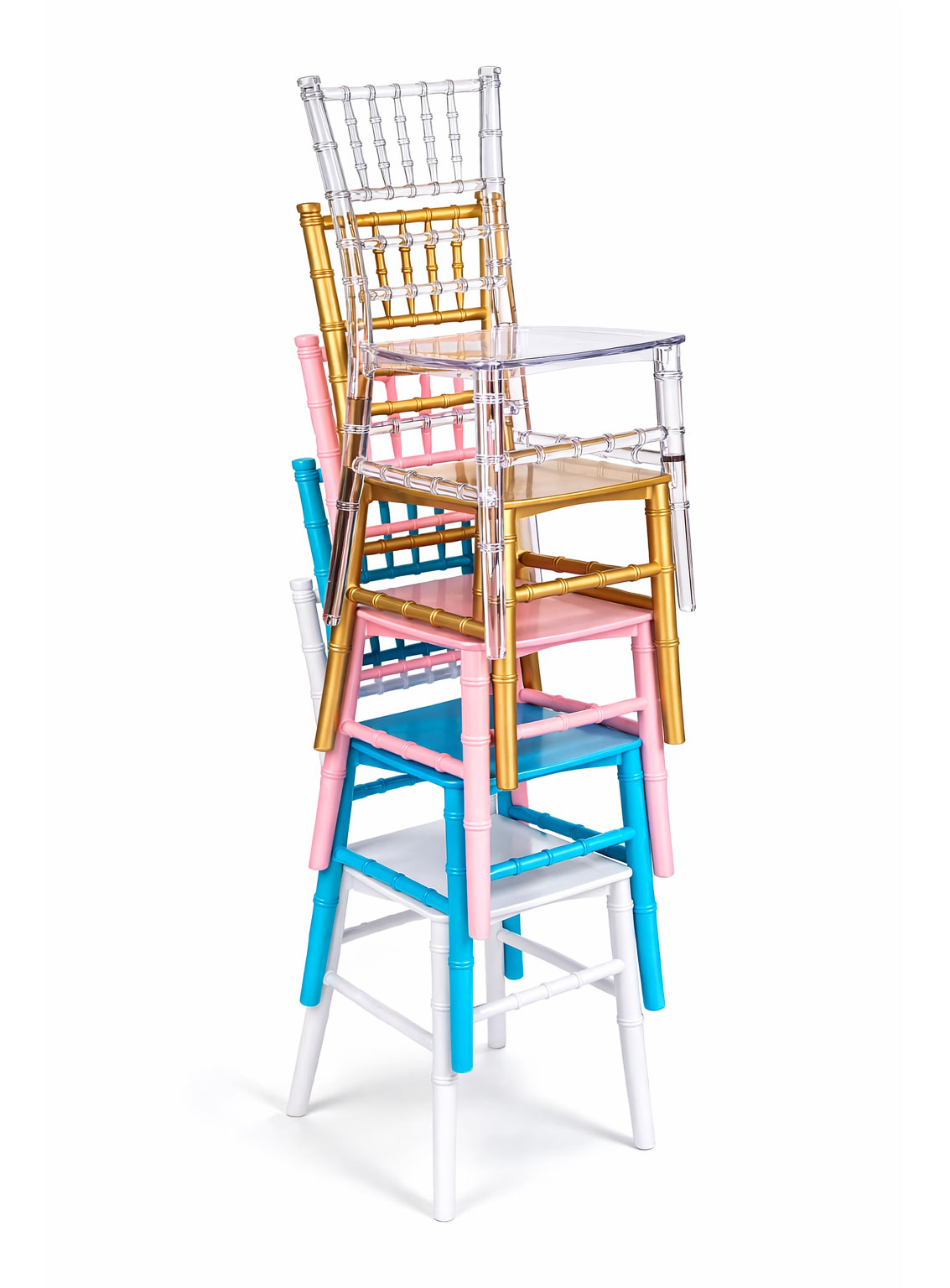 stackable kids chiavari chair in multiple colors for party, wedding, and event rental use