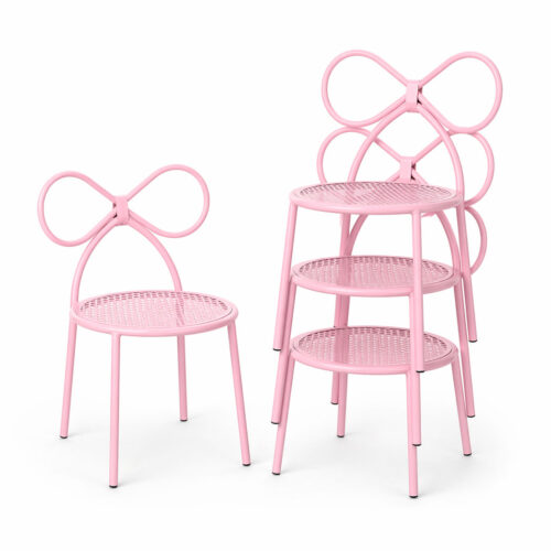 Stackable kids metal bow chair in pink steel frame with perforated seat for party and event furniture