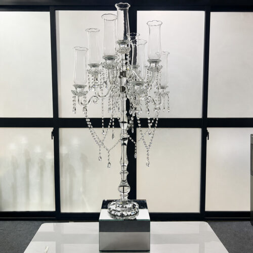 Tall crystal glass candelabra centerpiece with square mirror base and hanging crystal garlands for luxury wedding and event decoration