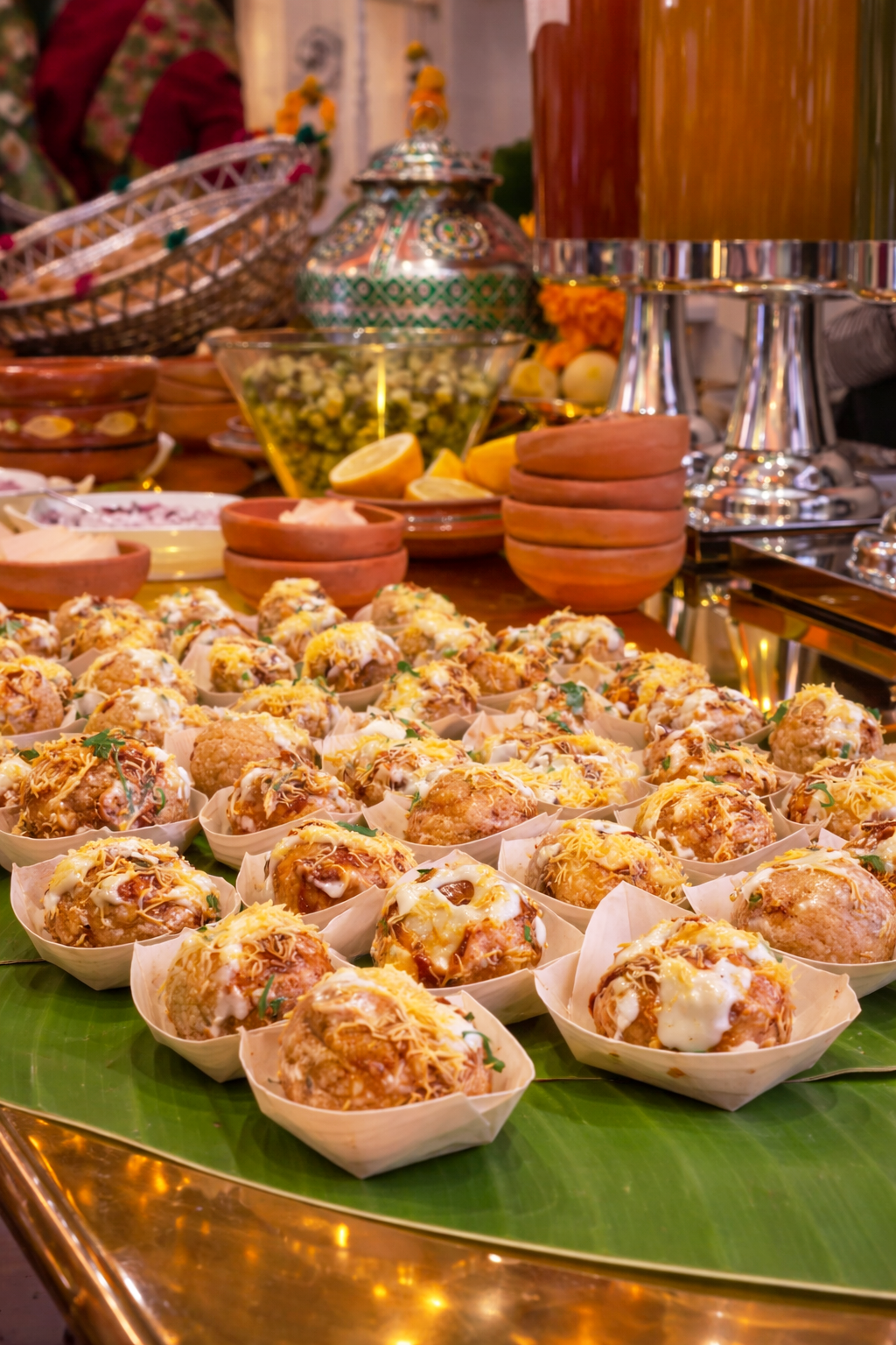 Luxury wedding catering display with ambient lighting in London