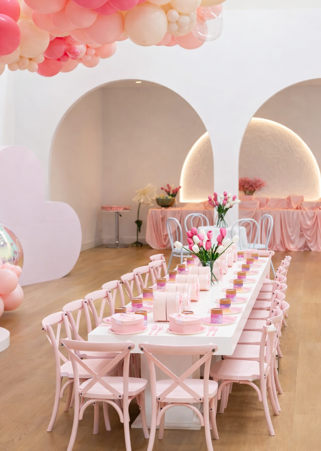 Kids party long table pink chairs Melbourne
