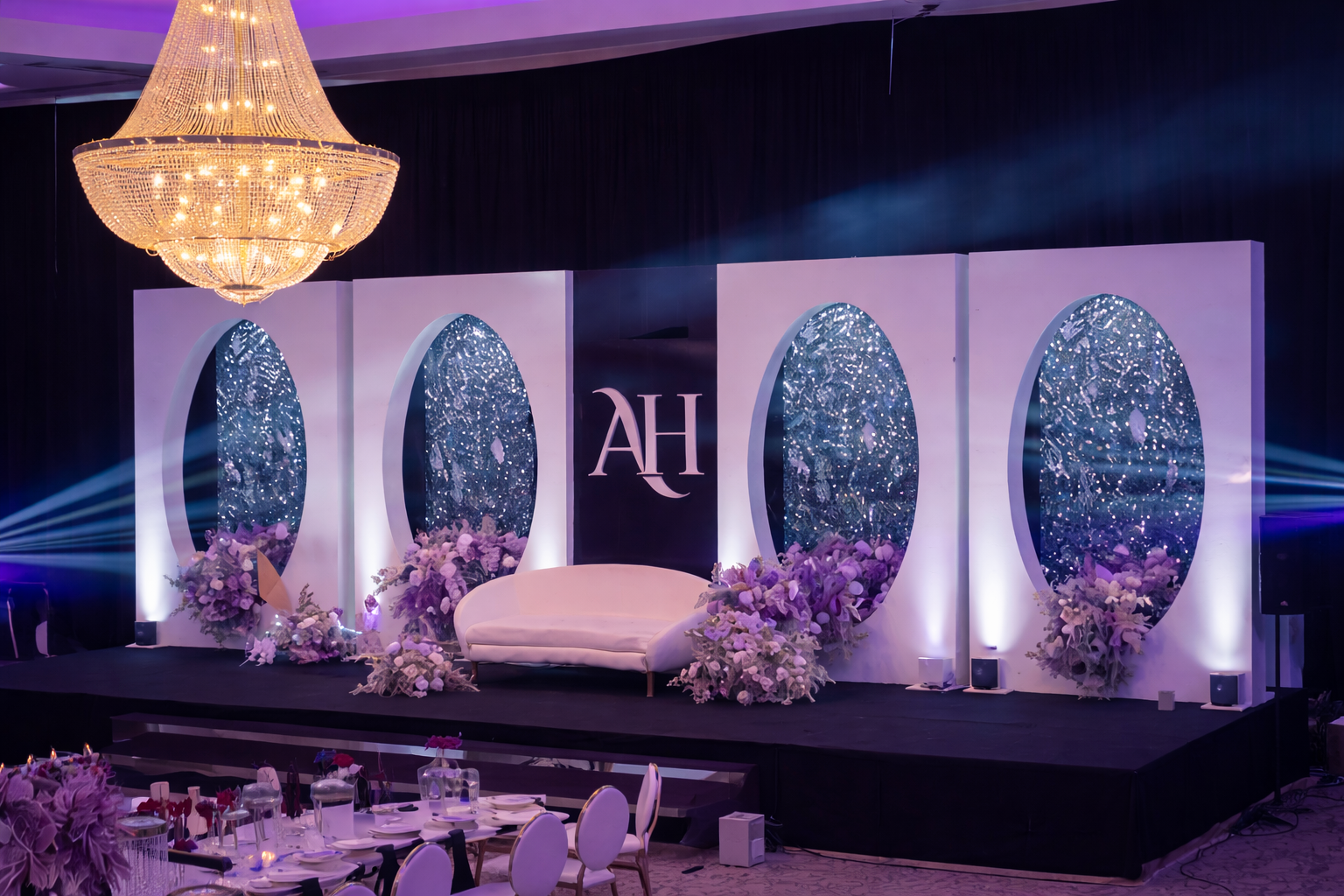 LED arch wedding stage backdrop installation at luxury London venue