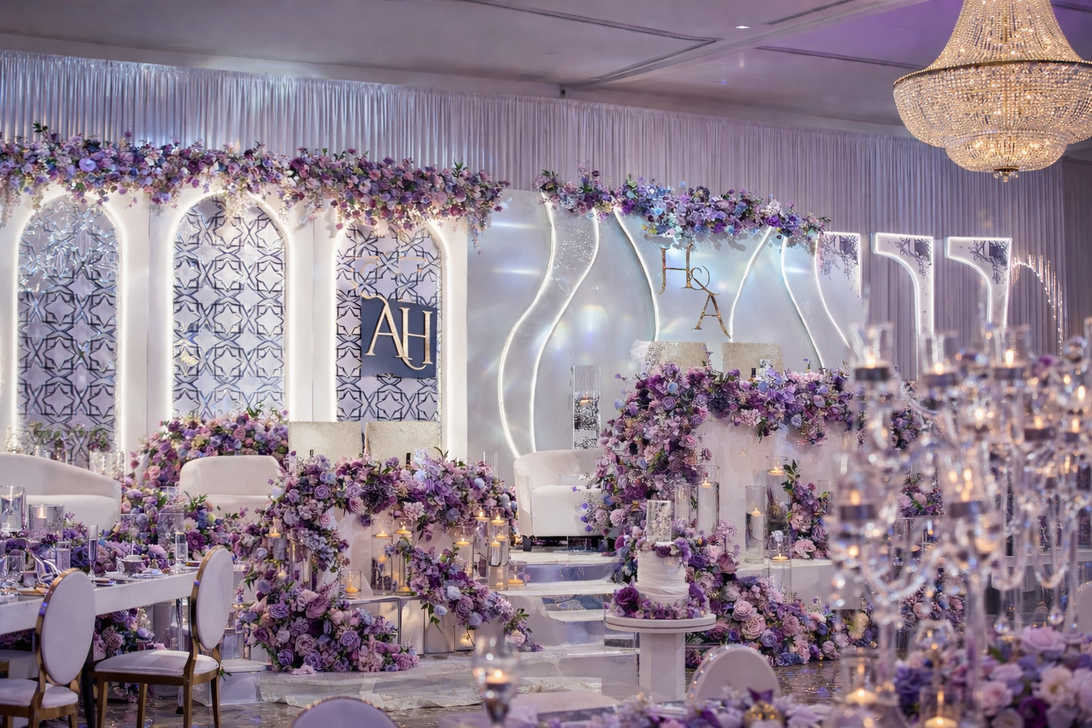 Floral LED wedding stage backdrop and lighting installation in London