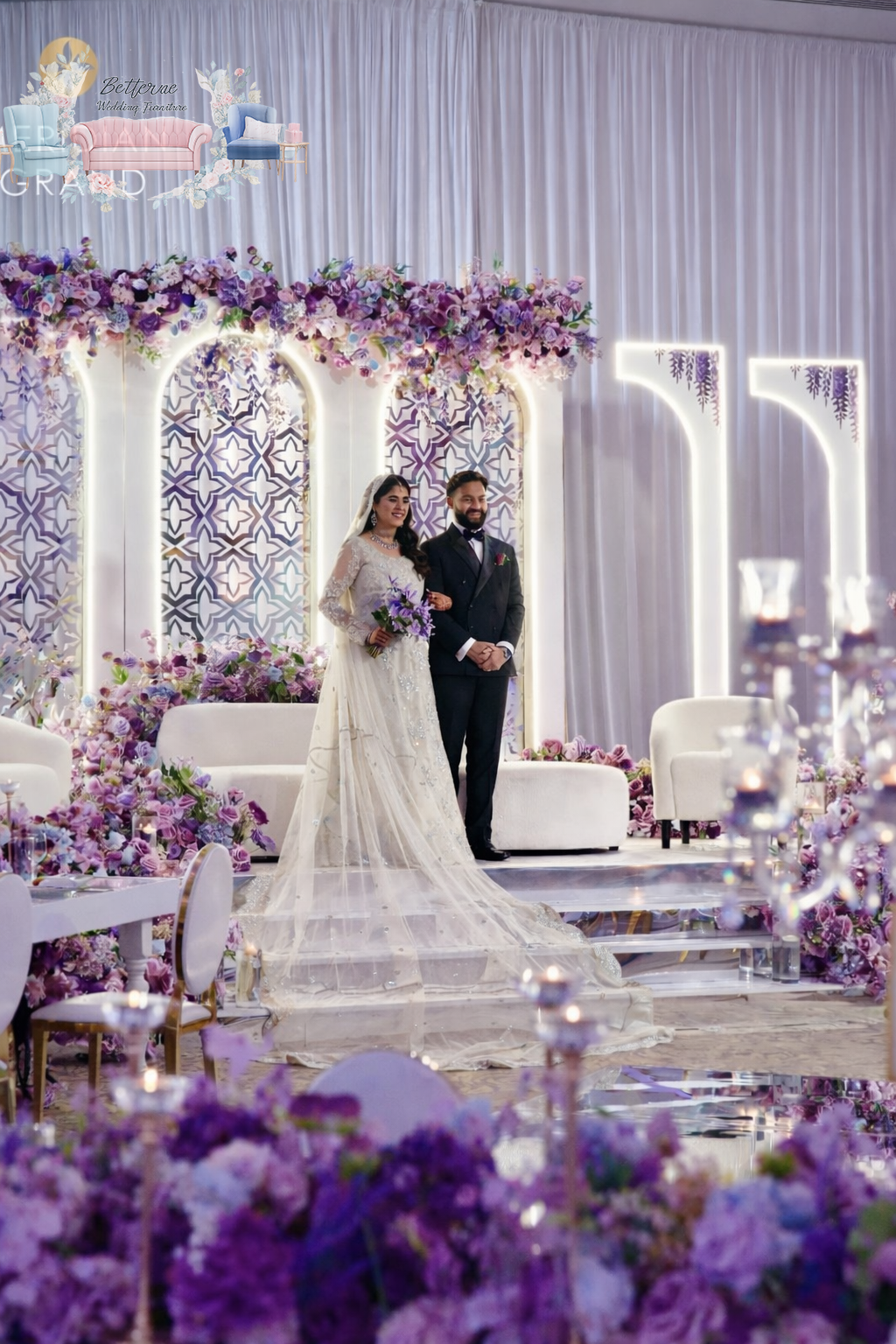 Luxury wedding stage backdrop with lighting for bride and groom in London
