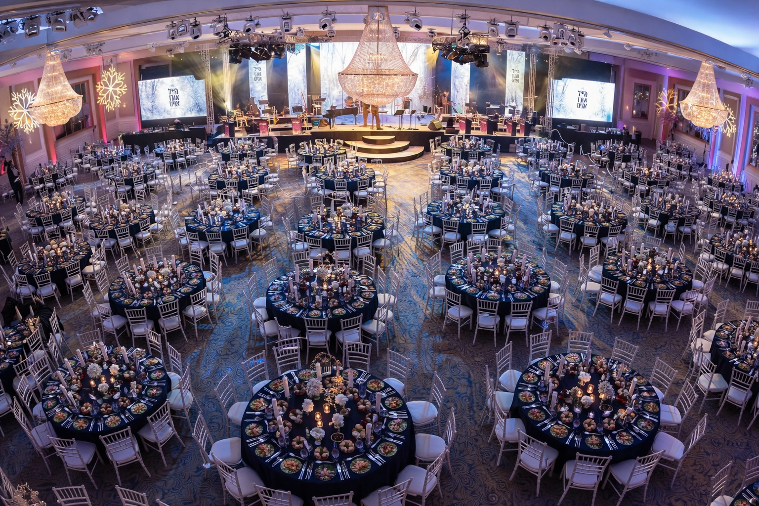 Luxury wedding banquet hall backdrop and lighting installation in London