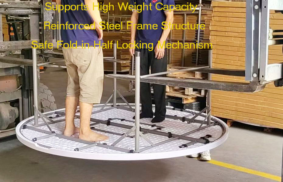 6ft round folding HDPE banquet table load test with workers standing showing heavy duty steel frame and secure locking system
