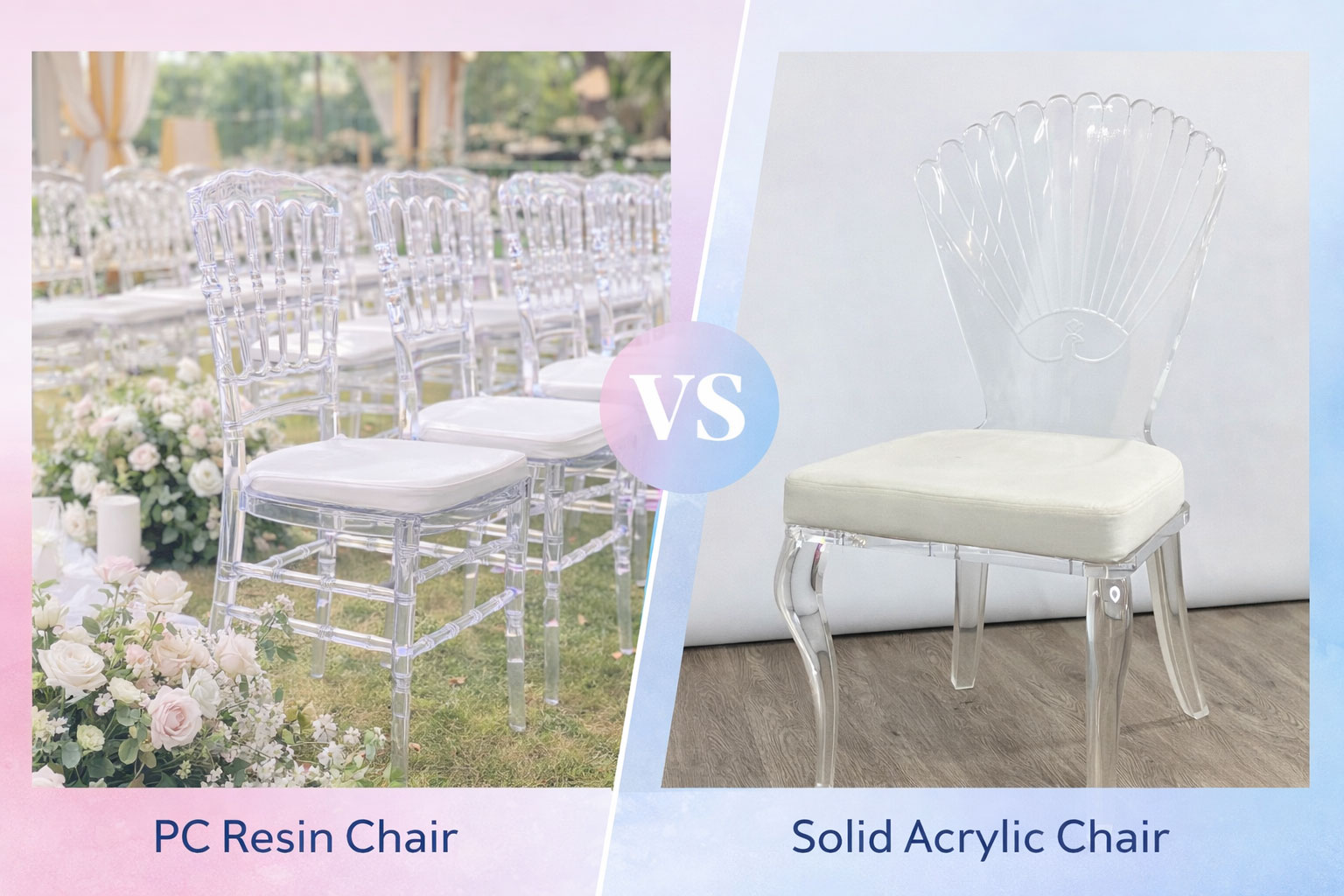 Acrylic chair vs PC resin chair comparison in wedding setup showing transparent event seating differences