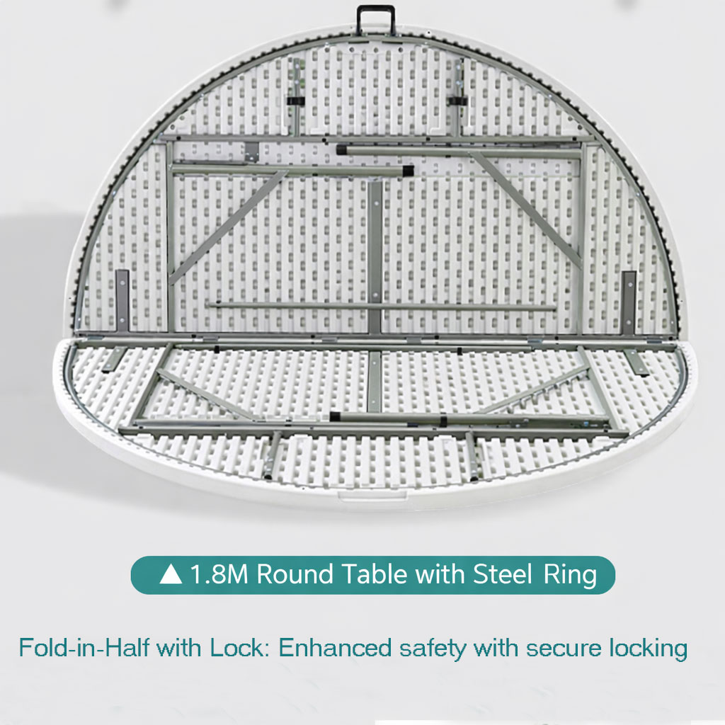 fold in half round folding table with steel ring reinforced frame and secure locking system for commercial banquet use