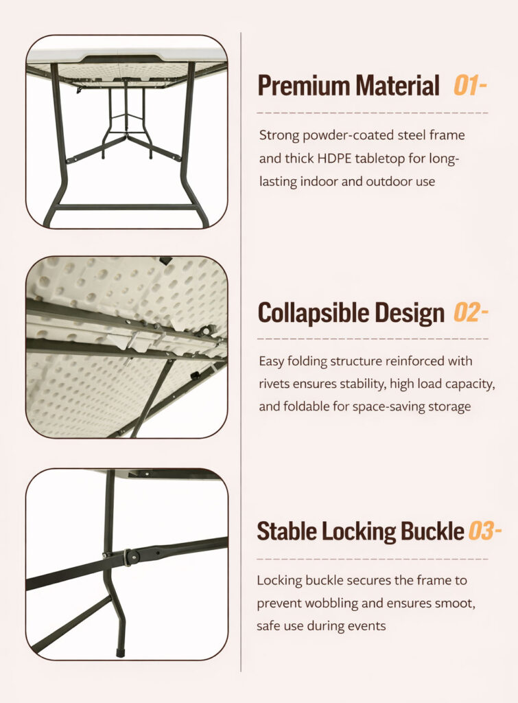 folding table features including HDPE tabletop metal frame collapsible design and locking buckle structure