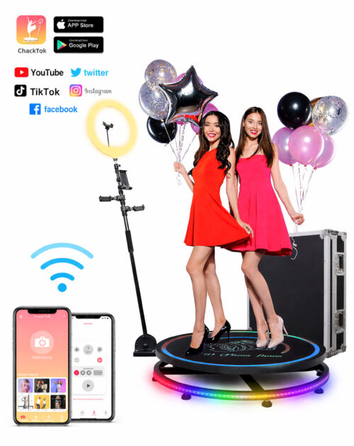 360 photo booth platform with LED lights, mobile app control, and event setup for wedding and party rental business