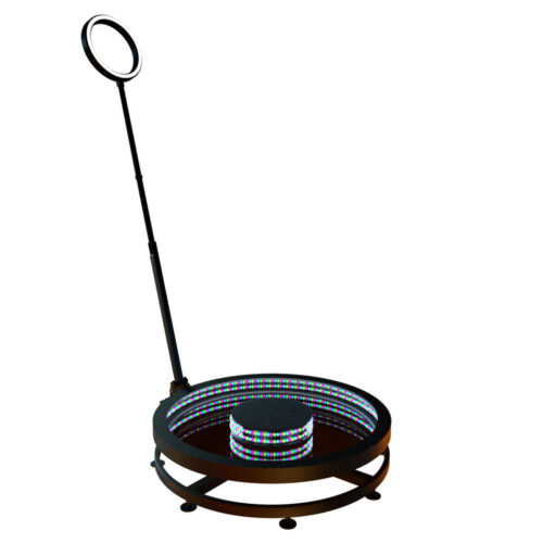 360° rotating photo booth with smart control and customizable logo, ideal for events, parties, and photography studios.