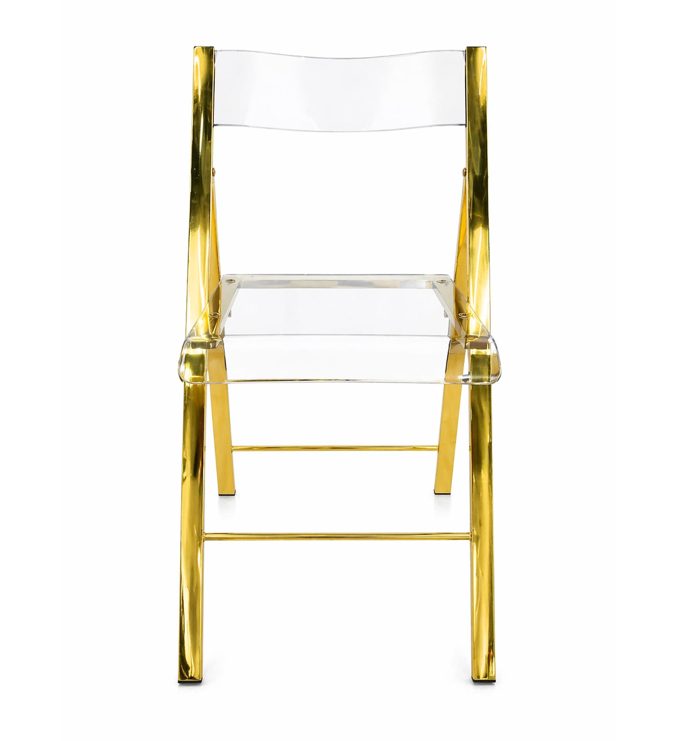 gold stainless steel acrylic folding chair with transparent seat front view