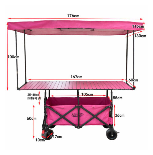 Folding wagon cart with table and canopy dimensions including size specifications and measurements