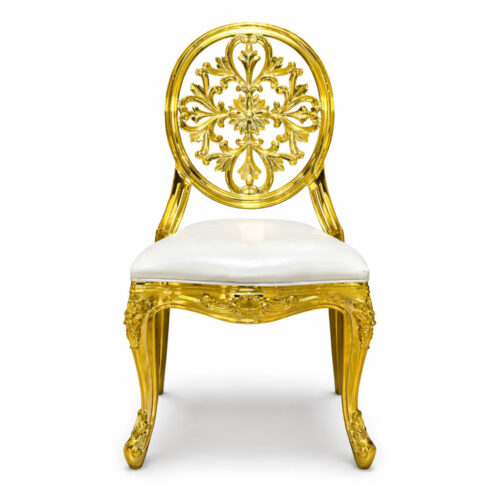 Gold Louis chair front view with decorative backrest for wedding and banquet seating