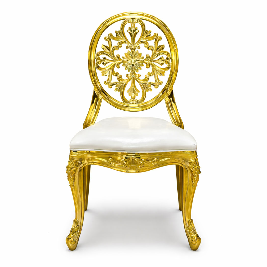 Gold Louis chair front view with decorative backrest for wedding and banquet seating