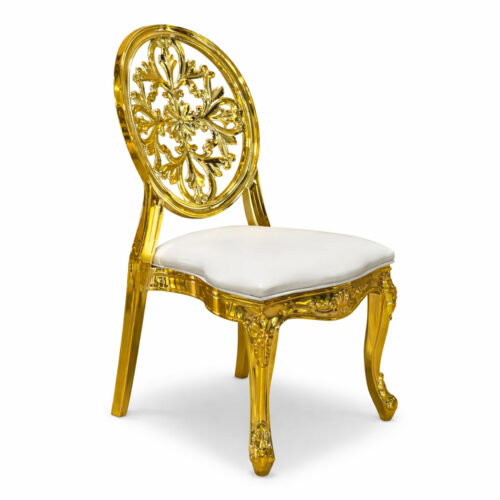 Gold Louis chair with ornate backrest side view for wedding and event seating
