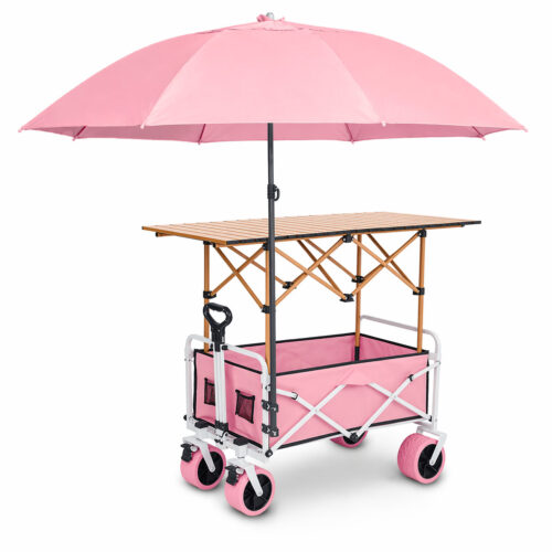 Pastel pink folding wagon cart with table and canopy for outdoor event stall and camping use