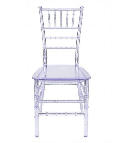 Front view of Crystaline One-Piece Clear Chiavari Chair made of transparent polycarbonate for luxury wedding and event seating