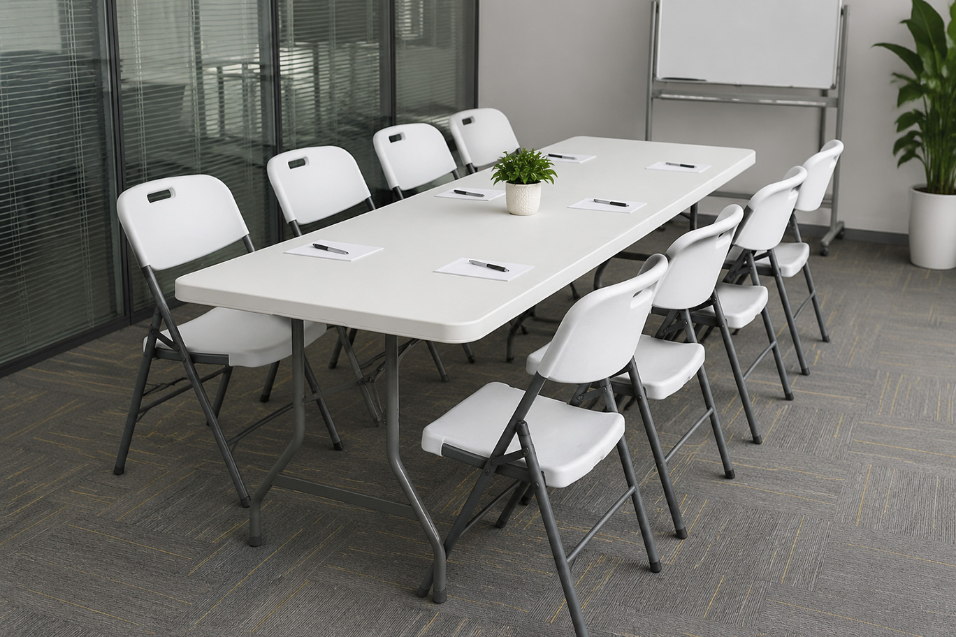 High-quality realistic setup of an 8ft white folding table with 8 chairs, 4 on each side, in a bright modern training or meeting room. The chairs are neatly aligned and the table surface is clean, showcasing a commercial event furniture arrangement.