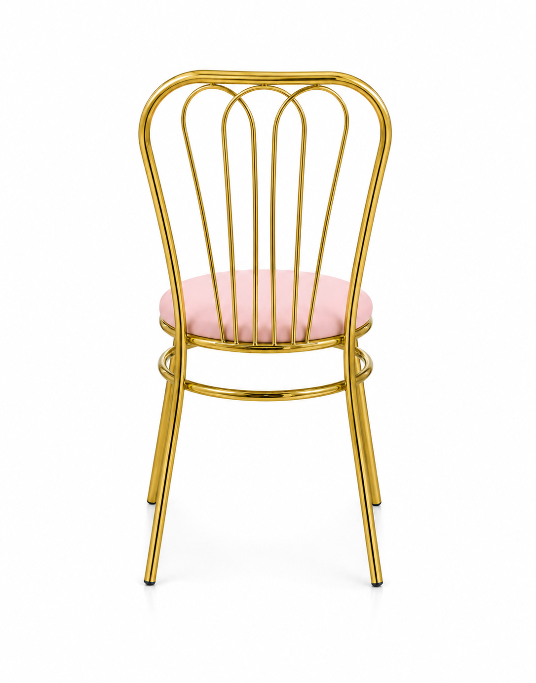 Back view of luxury gold wedding chair with arc metal frame and pink velvet cushion on white background