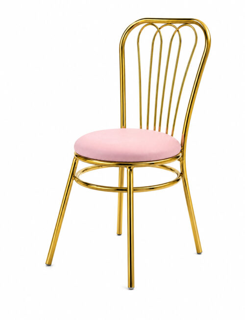 Luxury gold wedding chair with pink velvet cushion and mirror electroplated metal frame on white background