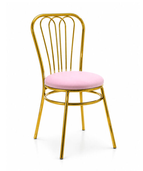 Gold wedding chair with arc backrest, velvet cushion, and metal frame for luxury event seating.