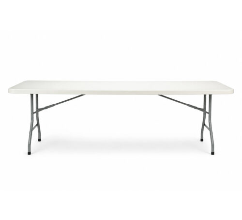 Aurora 8ft (2.44m) plastic folding banquet table studio shot, commercial and event rental table, factory direct from China, white HDPE tabletop with gray steel frame