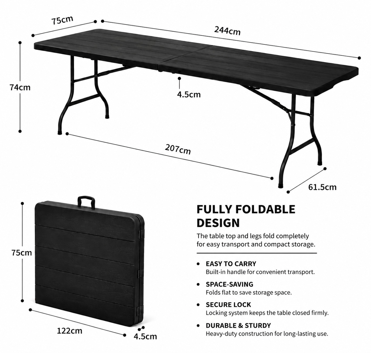 Aurora 8ft Full-Fold Table without Buckle, Black Wood Grain