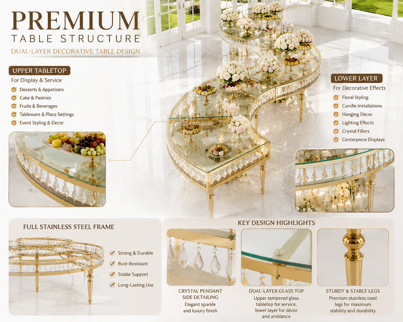 CrystalWave Modular Glass Wedding Table dual-layer decorative structure with crystal pendant detailing