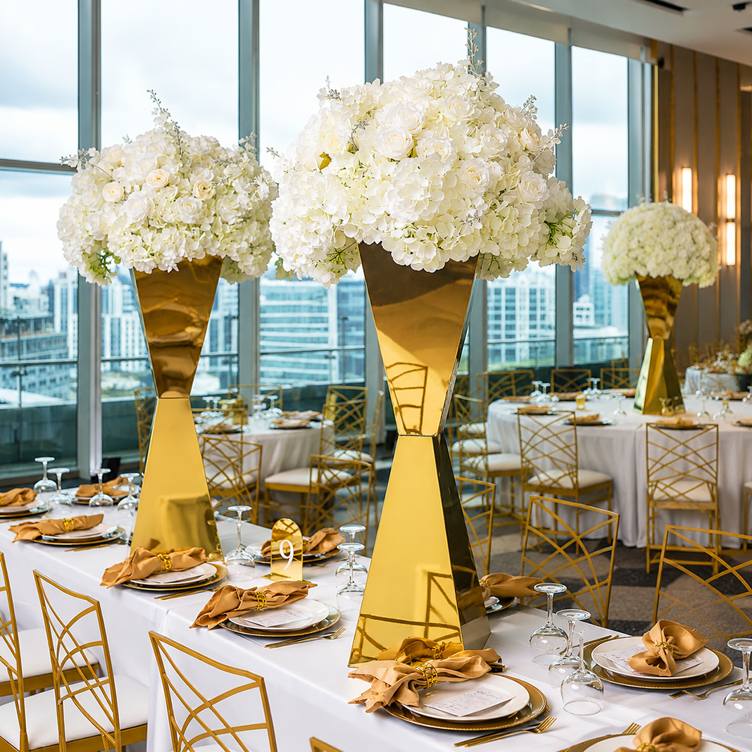 Luxury gold mirror geometric stainless steel wedding centerpiece stands with white floral arrangements in modern banquet hall setup