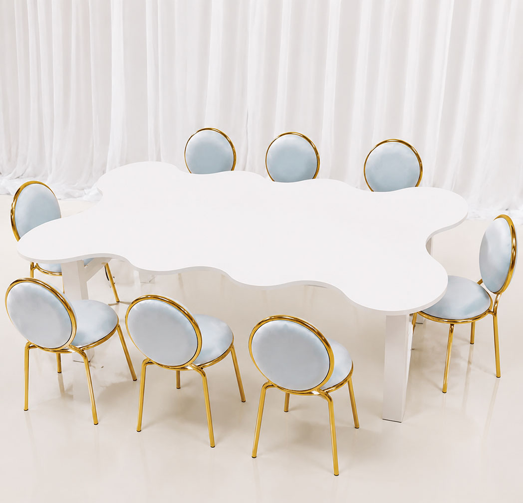Luxury kids round back stainless steel chairs with cloud shaped kids event table for weddings and birthday party setups